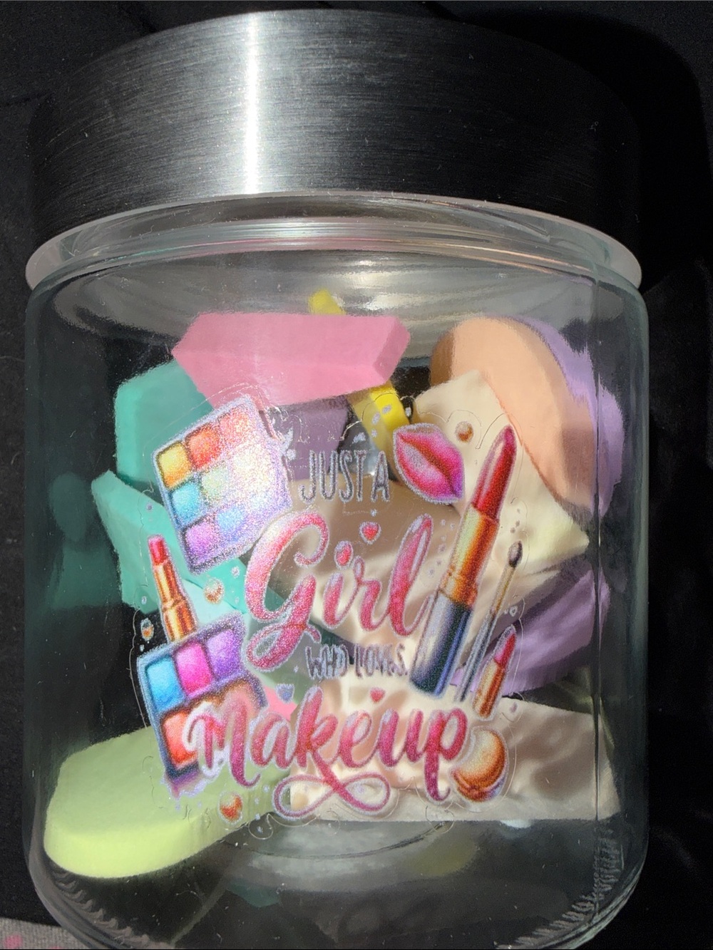 Just a girl who loves makeup glass jar filled